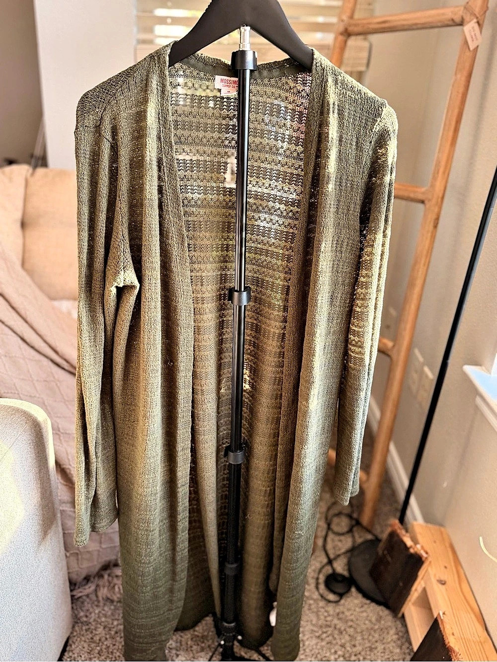 Olive Green Open Knit Longline Duster Cardigan Size M
